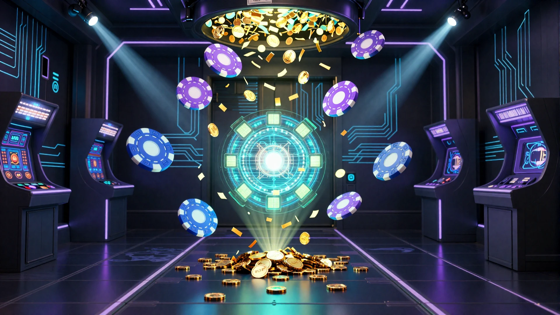 Futuristische Neon-Banktresor-Innenraum mit schwebenden holografischen Casino-Chips und fallendem Goldm&uuml;nzen-Konfetti im Casoola Casino