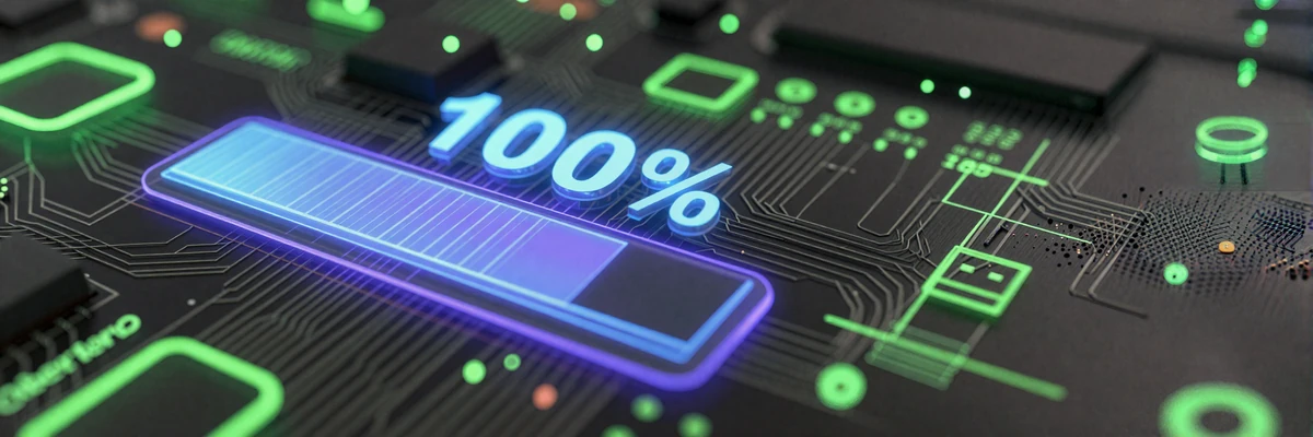 Gl&uuml;hende blau-violette holografische Fortschrittsanzeige bei 100 Prozent auf dunklem Circuit-Board im Casoola Casino