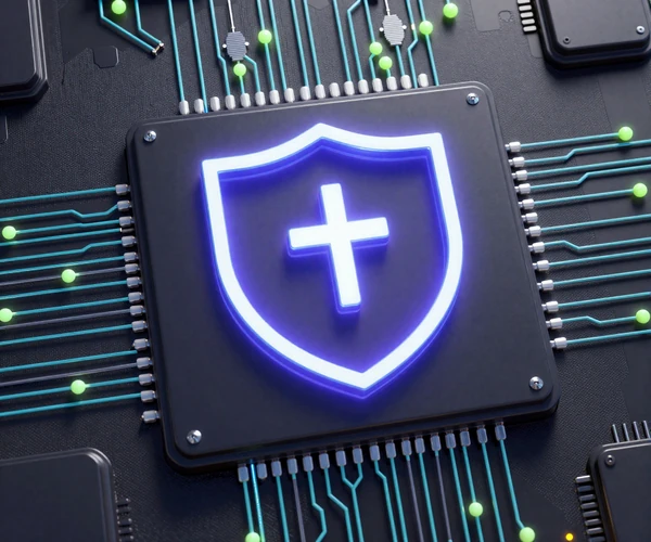 Neon-blau-violettes Schild-Icon auf dunkler Mikrochip-Oberfl&auml;che als Symbol f&uuml;r Sicherheit im Casoola Live Casino