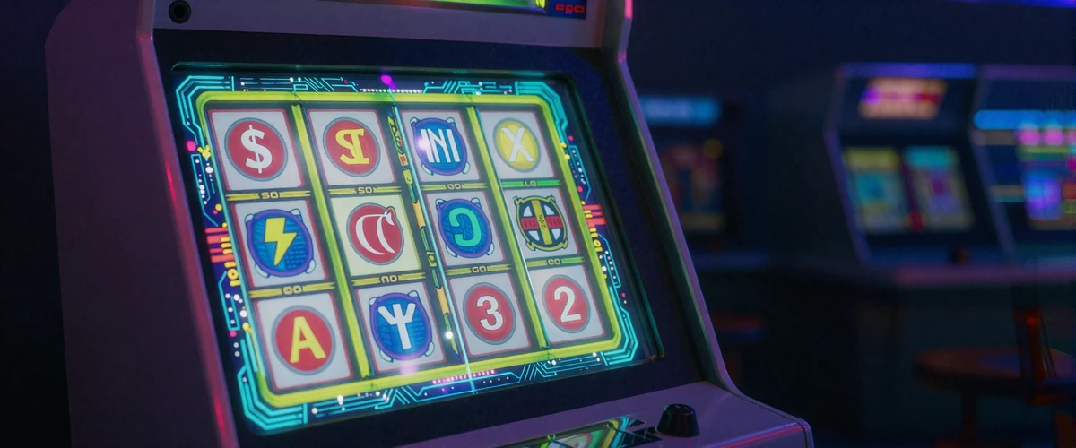 Neon-beleuchteter Arcade-Spielautomat mit bunten Slot-Symbolen im Casoola Bot-Town