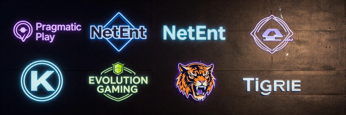 Neon-holografische Logos der Spielentwickler Pragmatic Play, NetEnt, Evolution Gaming und Red Tiger im Casoola Casino