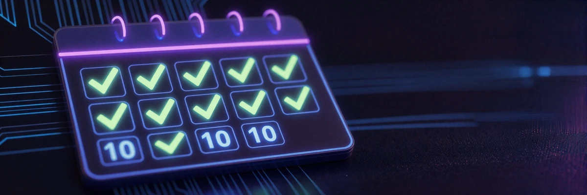 Leuchtende Neon-Kalender-Oberfl&auml;che auf dunklem Bildschirm mit 10 markierten Tagen in lime-cyan im Casoola Casino