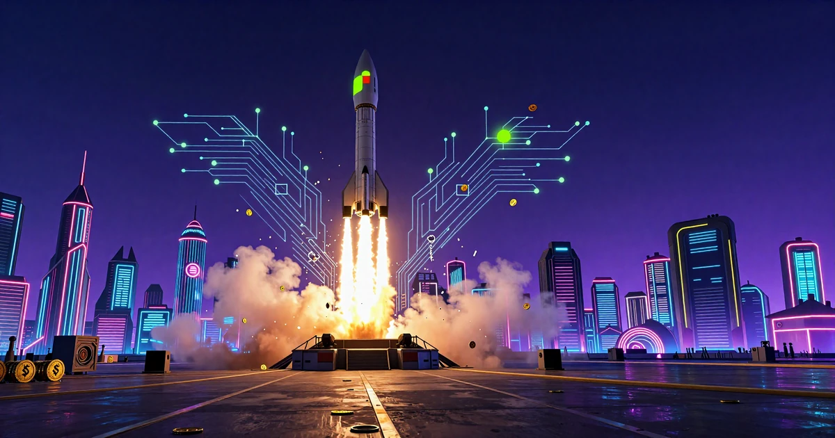 Bot-Raketen-Startplatz bei Nacht mit Feuers&auml;ule und Goldm&uuml;nzen vor Neon-Bot-Town-Skyline im Casoola Casino