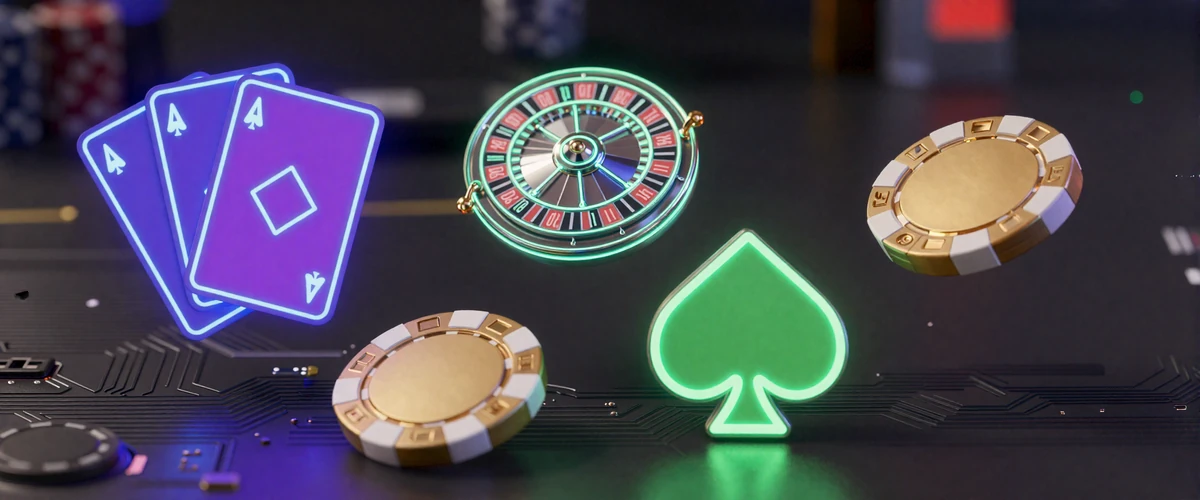 Vier neon-holografische Icons f&uuml;r Blackjack, Roulette, Baccarat und Poker auf dunklem Circuit-Board im Casoola Live Casino