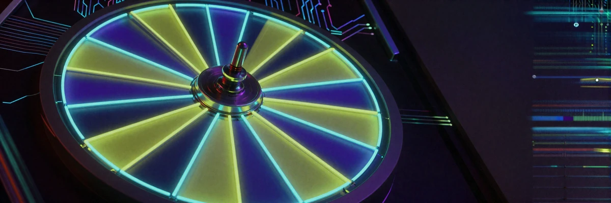 Leuchtendes Neon-Gl&uuml;cksrad mit lime-cyan und blau-violetten Segmenten im Casoola Bot-Town