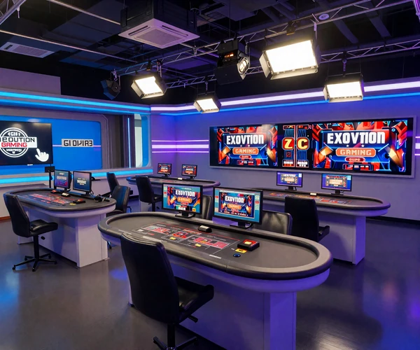 Hochmodernes Evolution Gaming Live-Casino-Studio mit mehreren Kameras und Neon-Beleuchtung bei Casoola