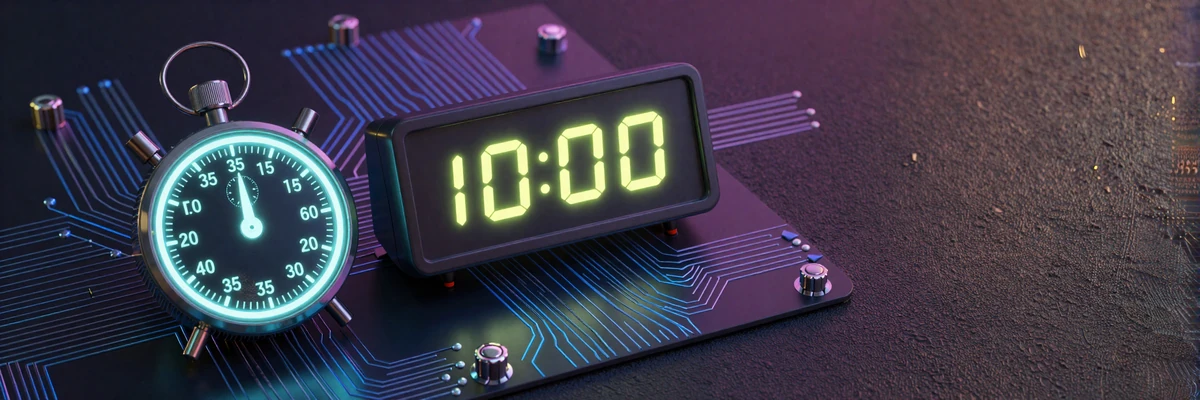 Leuchtende Neon-Stoppuhr und digitale Uhr auf dunklem Circuit-Board als Symbol f&uuml;r schnelle Casoola Casino Auszahlungen