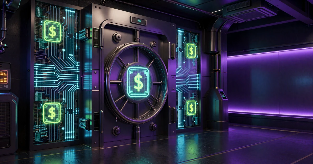 Futuristischer Neon-Banktresor im Casoola Bot-Town mit gl&uuml;henden Circuit-Board-W&auml;nden und schwebenden holografischen W&auml;hrungssymbolen