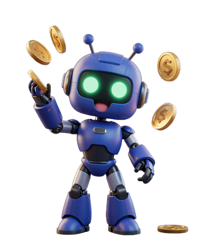 Caszilla Roboter-Maskottchen von Casoola Casino das gl&uuml;hende Goldm&uuml;nzen jongliert mit fr&ouml;hlichem Ausdruck