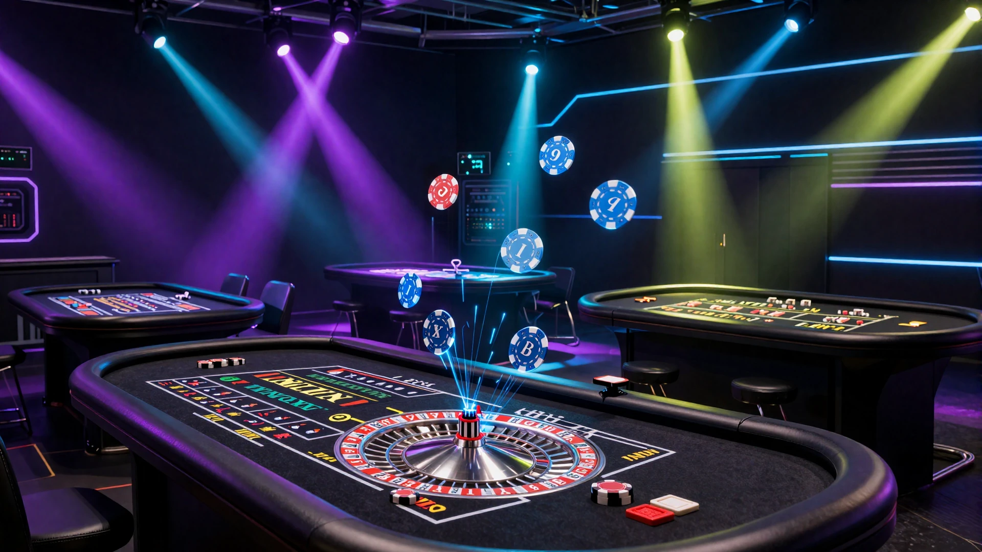 Neon-erleuchtetes Live-Casino-Studio mit Roulette- und Blackjack-Tischen im Casoola Bot-Town