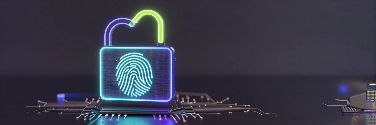 Leuchtendes Neon-Schloss und Fingerabdruck-Scanner &uuml;ber dunklem Mikrochip als Symbol f&uuml;r Casoola Casino Cybersicherheit
