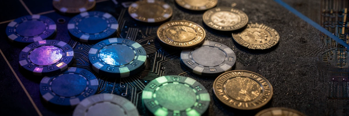 Gl&uuml;hende holografische Casino-Chips und Goldm&uuml;nzen auf dunklem Circuit-Board im Casoola Bonus-Bereich