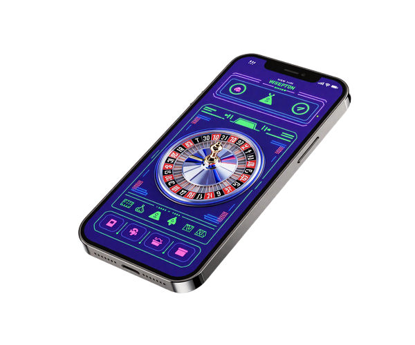 Smartphone-Mockup mit Live-Roulette-Tisch und Neon-UI-Elementen im Casoola Mobile Live Casino
