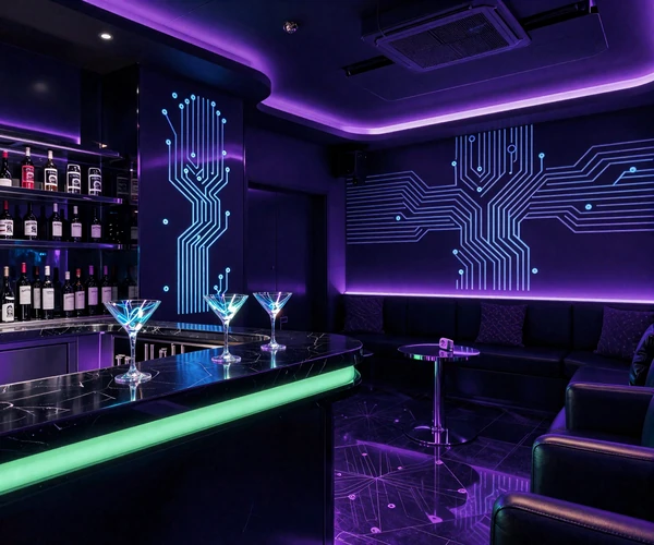 Eleganter futuristischer VIP-Lounge-Raum mit Neon-Beleuchtung und holografischen Cocktails im Casoola Casino